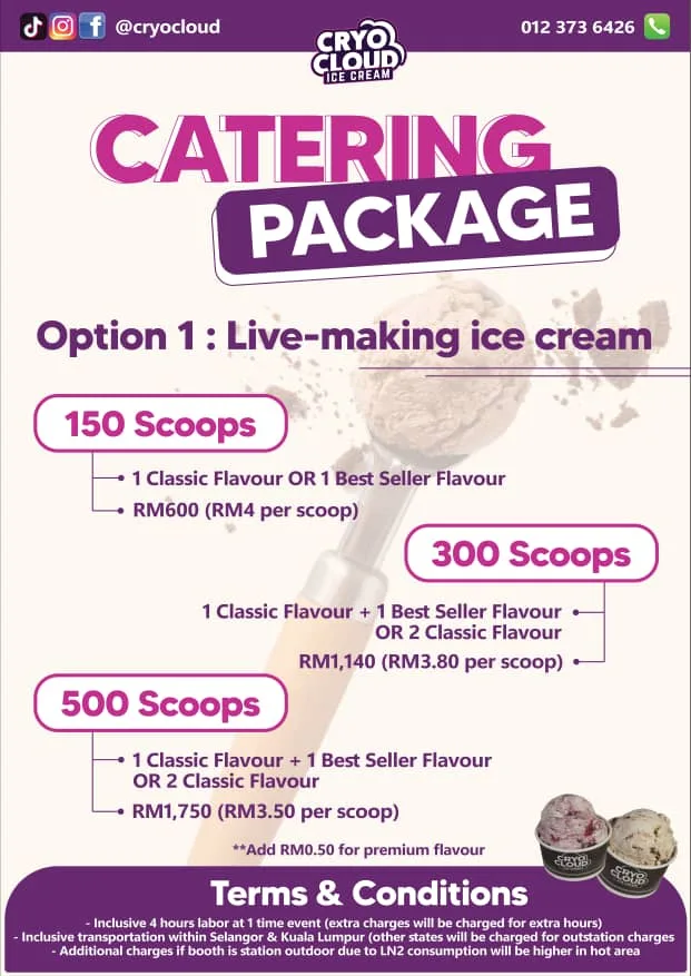 Live ice cream making catering package including chef, equipment, and ingredients for on-site preparation