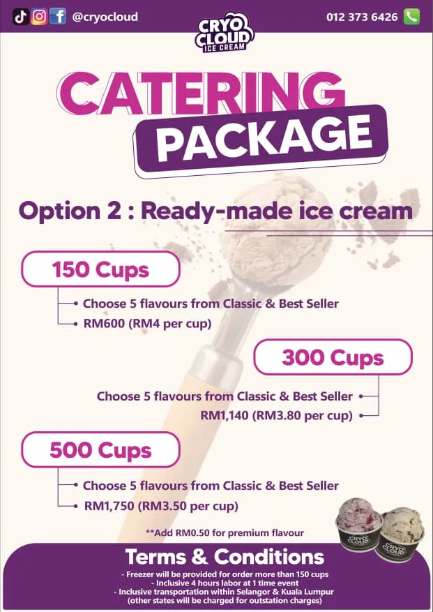 Ready-made ice cream catering package with pre-scooped portions and serving equipment for events