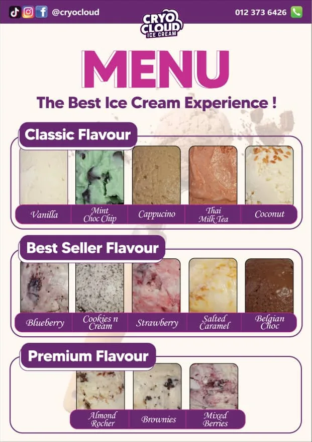 Ice cream catering package flavor menu showing available options and serving size details